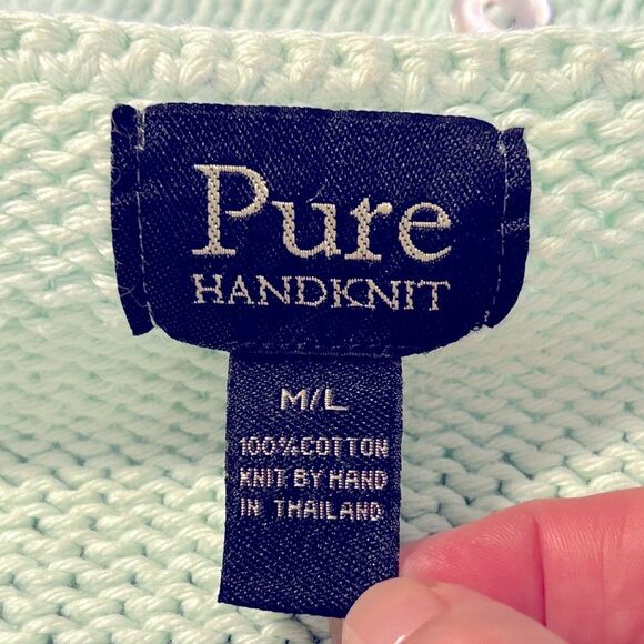 Pure Handknit Mint Green Chunky Thick Hand Knitted Sweater 100% Cotton size M/L - Picture 7 of 11